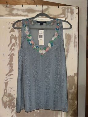 French Connection Blue Beaded Floral-Trim Sleeveless Top